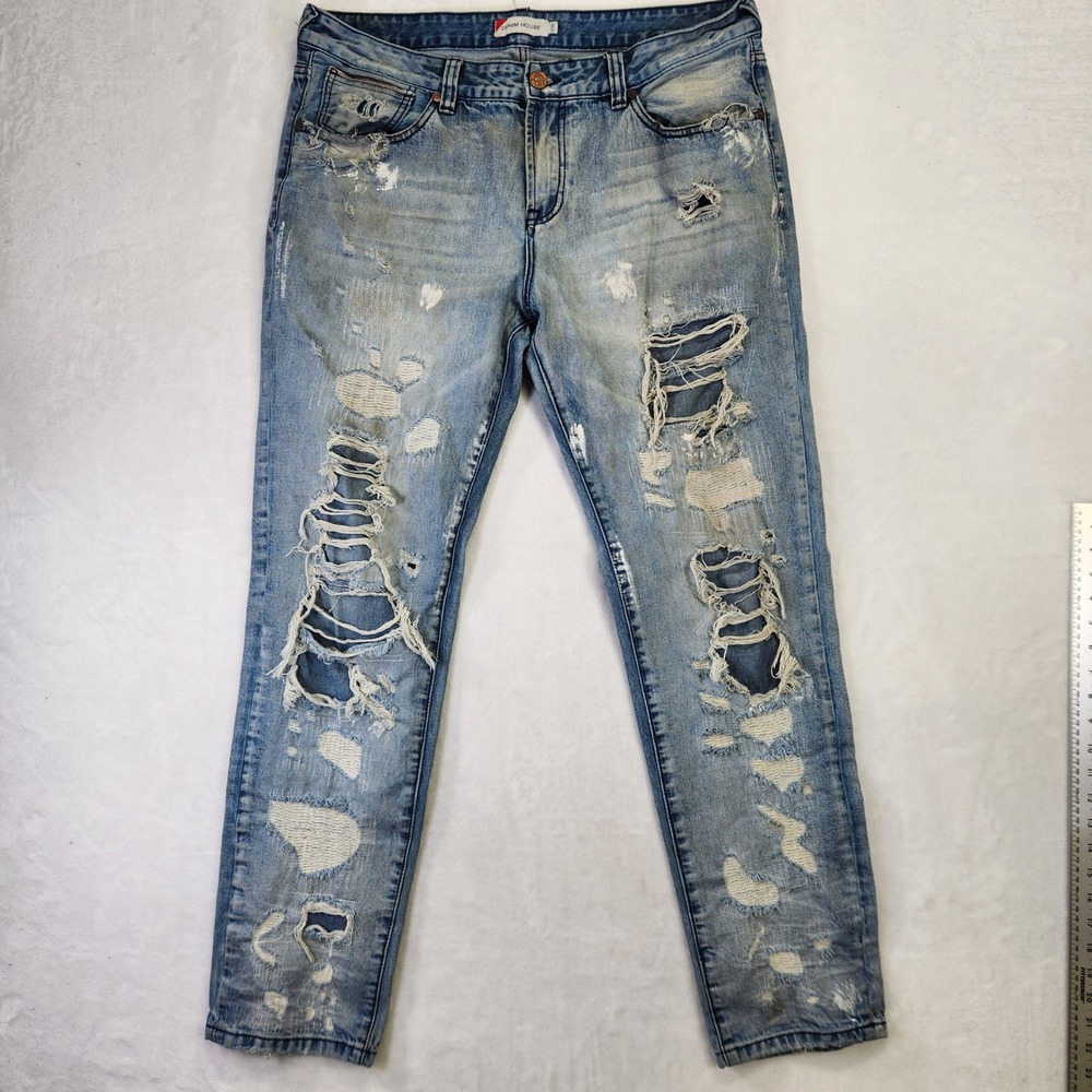 Denim House Mens Distressed Ripped Jeans Light Wash Tapered Size 38 x 32